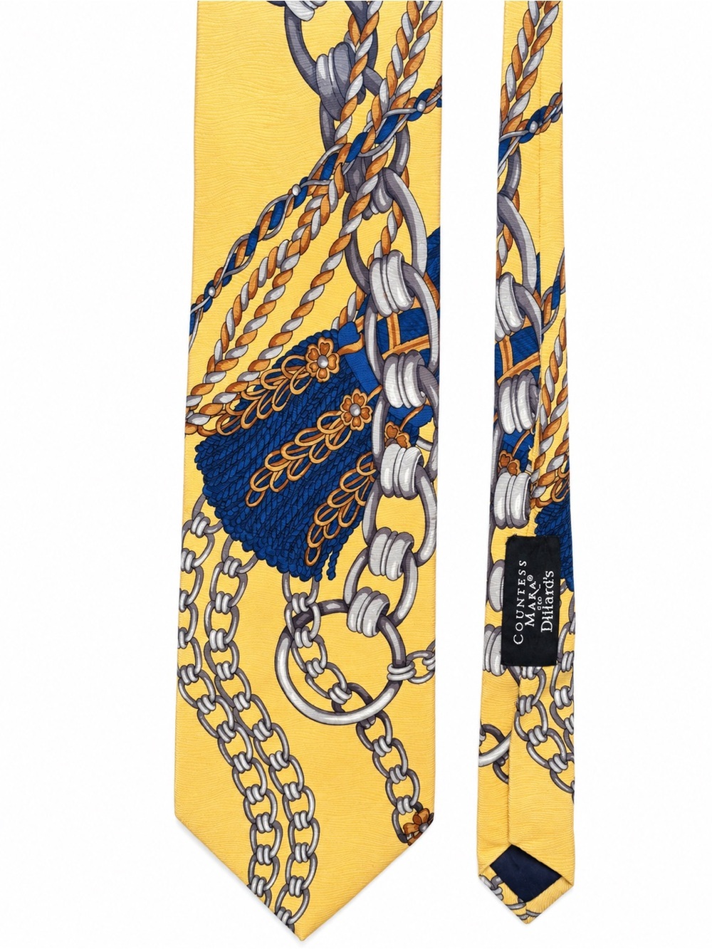 Classic Yellow & Navy Chain-Print Silk Tie by Countess Mara